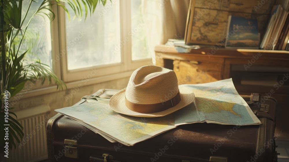Aufkleber A travel hat sits atop an open suitcase, accompanied by maps and travel guides, inviting wanderlust and exploration. Generative AI