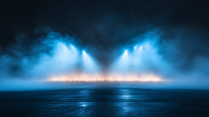 dramatic stadium arena lights shining through smoke against dark night sky photograph