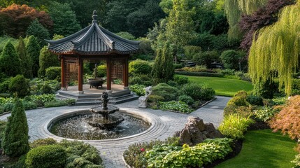Serene Garden with Pagoda and Fountain