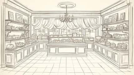 Fototapeta premium Hand Drawn Sketch of Vintage Bakery Interior with Shelves and Display Cases