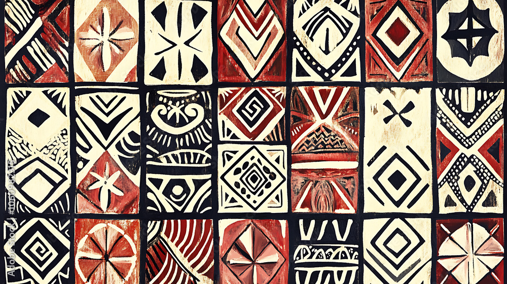Fototapete pattern of tribal designs, showcasing an array of intricate geometric shapes in various sizes and forms