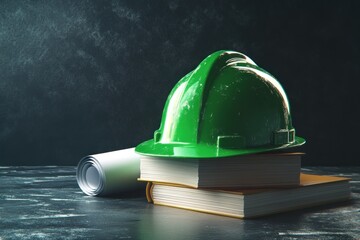 Green Hard Hat on Books and Blueprint Roll