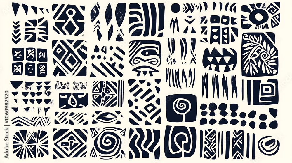 Poster pattern of tribal designs, showcasing an array of intricate geometric shapes in various sizes and fo