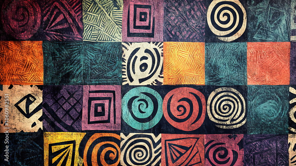 Poster pattern of tribal designs, showcasing an array of intricate geometric shapes in various sizes and forms