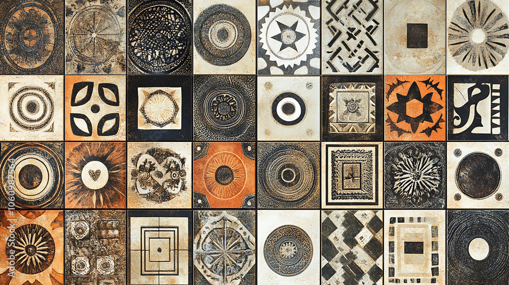 Poster pattern of tribal designs, showcasing an array of intricate geometric shapes in various sizes and forms
