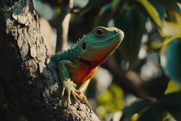 Fototapeta premium Vibrant Lizard Perched on Tree Branch in Nature