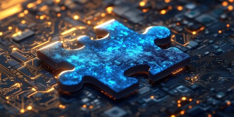 Puzzle piece on digital circuit board, tech concept