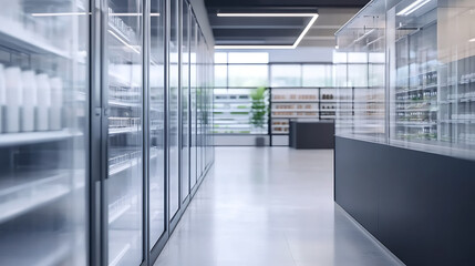 empty glass door refrigerators in supermarket aisle retail display mockup