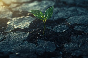 Resilient Plant Growing in Cracked Soil at Sunrise
