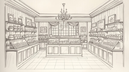 Sketch of a Vintage Bakery Shop Interior with Display Cases and Shelves