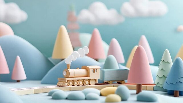 A charming wooden train chugs along a winding track, surrounded by pastel colored toy trees and gently rolling hills in a playful setting
