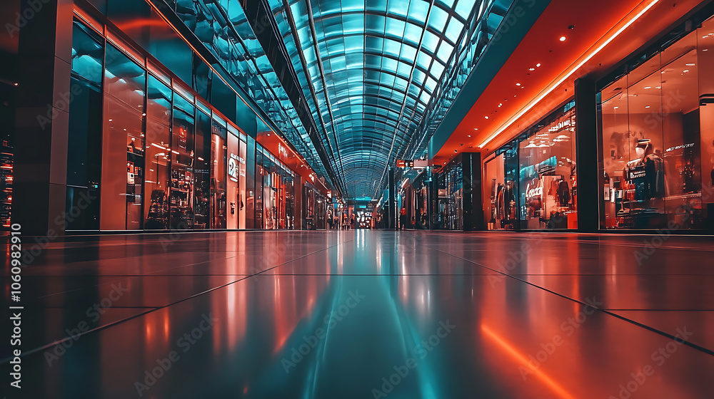 Poster empty shopping mall with sleek and modern architecture, featuring high ceilings adorned with LED lighting that adds to the luxurious ambiance of an upscale retail complex