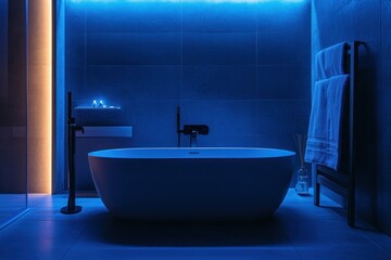Serene Blue Bathroom with Modern Bathtub and Lighting