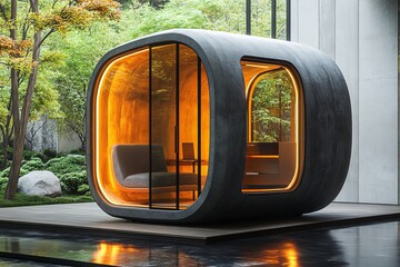 Modern office focus pod with acoustic panels and ambient lighting