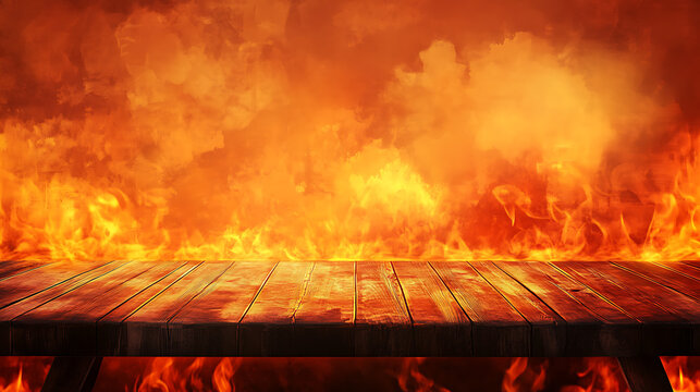 empty wooden table with fiery flames background hot and spicy food promotion digital illustration