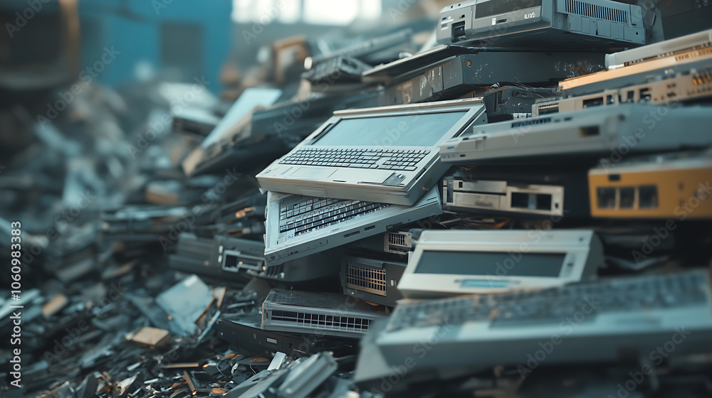 Poster ewaste pile of discarded laptops and electronics recycling and disposal concept blurred background