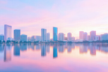 Fototapeta premium Modern city skyline with pastel sunset reflections on calm water