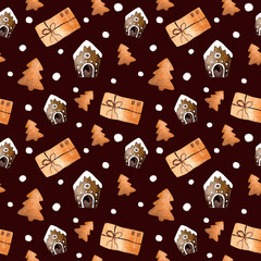 Christmas Watercolor Seamless Pattern. Festive Illustration with Envelope, Gingerbread House, and Tree on a Chocolate Background. Ideal for Design, Print, Fabric, or Backgrounds