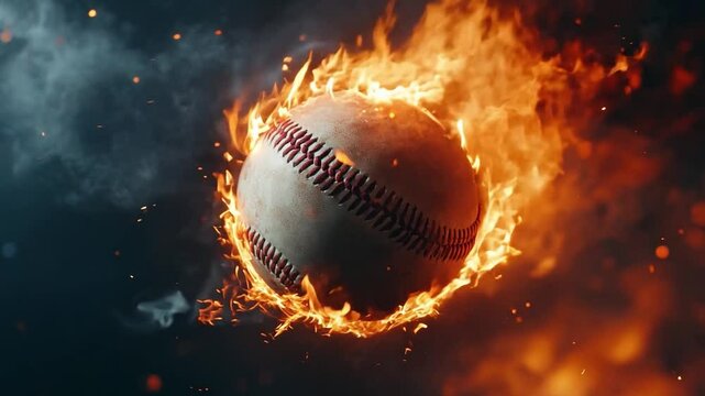 A fiery baseball spins through the air, surrounded by flames and sparks, capturing both intensity and energy in a dynamic moment