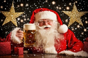 Jolly santa claus celebrating with beer amidst festive golden stars and sparkling snowflakes