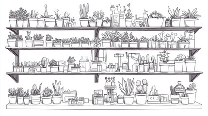 Obraz premium Hand Drawn Sketch of Plants and Pots on Shelves