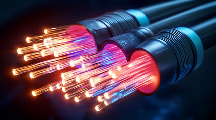 futuristic fiber optic technology concept with glowing cables and data streams 3d render
