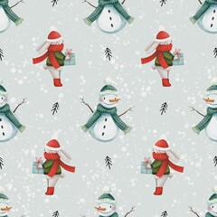 Winter Christmas watercolor seamless pattern with bunny and snowman on light blue background 