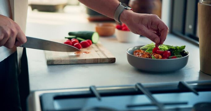 Person, hands and cutting with vegetables on board for meal prep, vegetarian snack or salad in kitchen at home. Closeup, cook or chef with knife for food, tomatoes or organic ingredients for diet