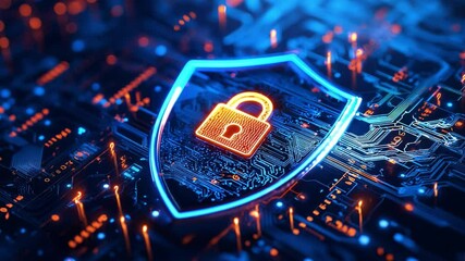 A protective shield with a padlock at its center, set against a vibrant, illuminated circuit board backdrop, emphasizing digital security