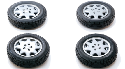 Set of Four New Car Tires Isolated on Transparent Background for Sale Generative AI
