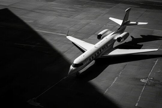 Private jet parked on tarmac casting a long shadow in black and white