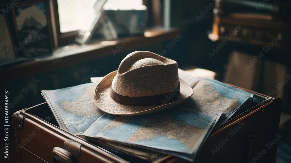 Aufkleber A travel hat is placed atop an open suitcase surrounded by detailed maps and guides, setting the scene for upcoming adventures. Generative AI