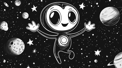 Fototapeta premium Cute Cartoon Astronaut Floating in Space with Stars and Planets