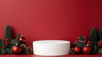 Threetier blank podium with holiday decorations, featuring baubles, pinecones, and ribbon