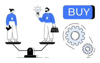 Business colleagues balancing on a seesaw one holds a lightbulb, and the other holds documents. Nearby gears symbolize productivity. Ideal for teamwork, decision-making, idea generation, balance