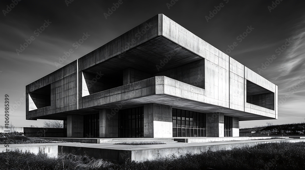 Poster highcontrast black and white photo of brutalist building geometric shapes and shadows abstract archi