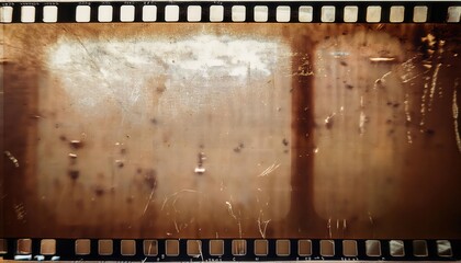 Authentic Vintage 35mm Filmstrip Texture with Sepia Toned Distressed Surface, Faded Light Burns, and Grunge Marks. Retro Photography, Cinematic Overlays, and Nostalgic Graphic Design Projects