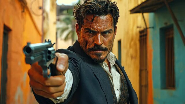 Gangster aiming a revolver with intimidating presence