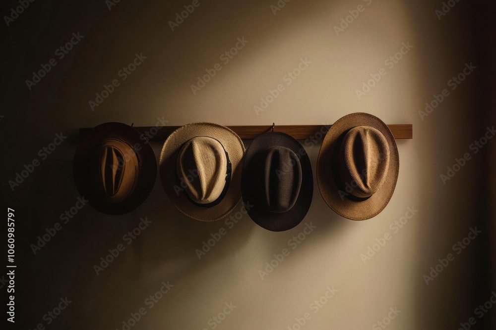 Fototapete a collection of classic fedora hats hangs neatly on a wooden rack, illuminated by soft, warm light, 