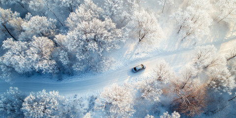 Aerial drone view of car driving on a snow road through a winter forest, scenery of frosted trees and ice landscape, travel and transportation