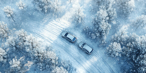 Aerial drone view of car driving on a snow road through a winter forest, scenery of frosted trees and ice landscape, travel and transportation