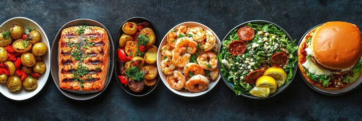 Diverse seafood and vegetable dishes on dark table