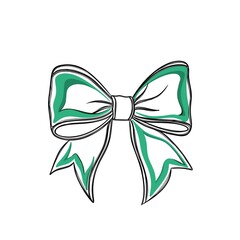 Beautiful festive green bow with ribbons - line art illustration