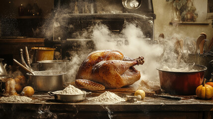 Busy Thanksgiving kitchen with flour-covered counters and a big turkey