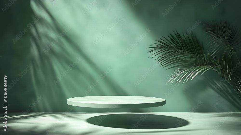 Poster minimalist green background with palm leaves shadows, empty table top for product presentation