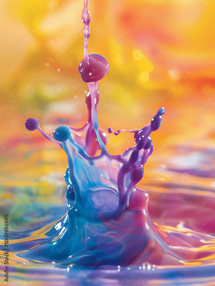 Poster a blue and purple water drop splashes into a pool of water, creating a colorful crown-like shape
