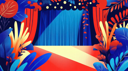 Vibrant theatre stage with dramatic lighting for world theatre day celebrations. Horizontal banner. Copy space. Flat illustration