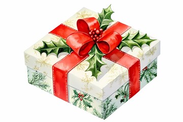 Obraz premium Festive Christmas Gift Box with Red Ribbon and Holly