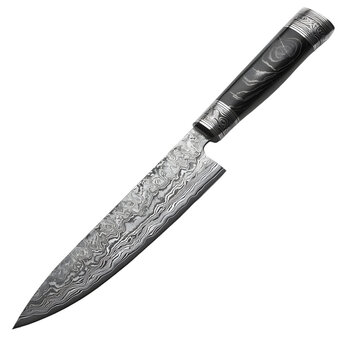Premium Damascus Steel Chef Knife with Black and Silver Handle Design