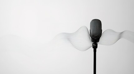 A minimalist microphone with an abstract waveform stretching across the white background, representing the clarity of sound in podcasting or broadcasting
